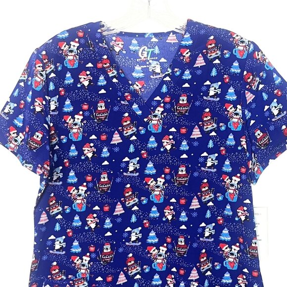 GT Performance Christmas Penguin Print Scrub Top Womens Medium Blue New - Picture 3 of 11